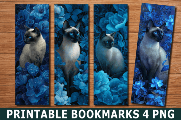 Blue Floral Siamese Cat Art Bookmark: Graphics for Crafts-Driven Branding