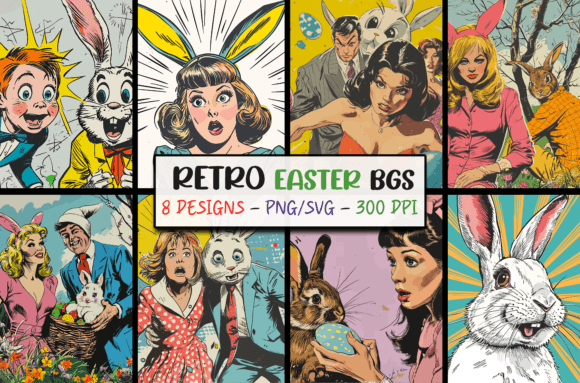 Funny Retro Easter Backgrounds Bundle: Graphics & Backgrounds