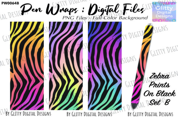 Neon Zebra on Black Pen Wraps Set B, PNG: Graphics for Bold Crafts