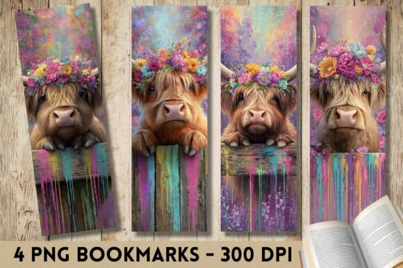 Rainbow Pastel Highland Cow Bookmark PNG