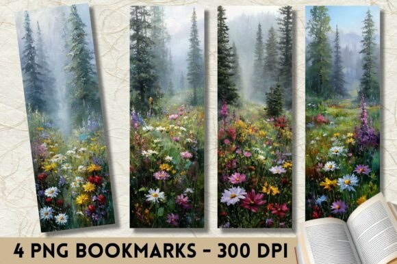 Winter Forest Purple Flowers Bookmark: Graphics & Print Templates